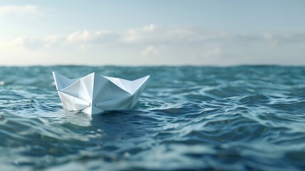 Obraz premium A paper boat floating on the water. The boat is white and the water is blue. The boat is in the foreground and the water is in the background.