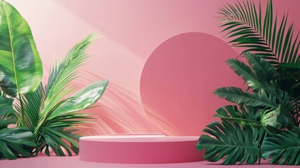 Minimalist pink podium with lush tropical leaves