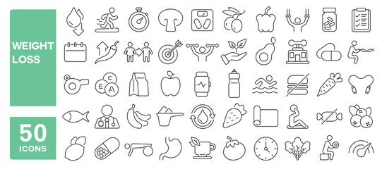 Set of 50 line icons related to weight loss, fat, calories, healthy, eat, healthy, lifestyle, fitness, diet, meal, Editable stroke. Vector illustration