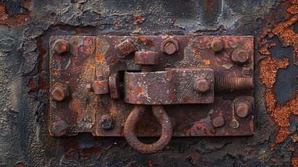 An aged, rusted metal lock, showcasing intricate details of its bolt mechanism, serving as a symbol of safeguarding and security. 