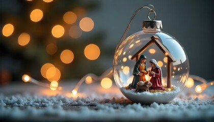 christmas ornament with nativity scene, beautifully glowing against festive lights in a peaceful setting	