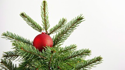 An evergreen fir tree adorned with a vibrant red Christmas ball stands out against a clean white background, creating a festive and elegant holiday display. The lush green branches of the tre