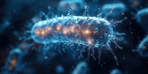 Highly detailed bacterium with blue highlights