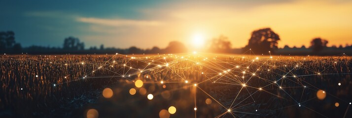 A scenic sunset casts light over a field of glowing digital networks, symbolizing technology and nature's harmony.