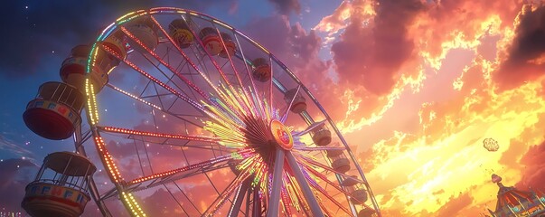 Sunset Ferris Wheel with a Vibrant Sky in Amusement Park