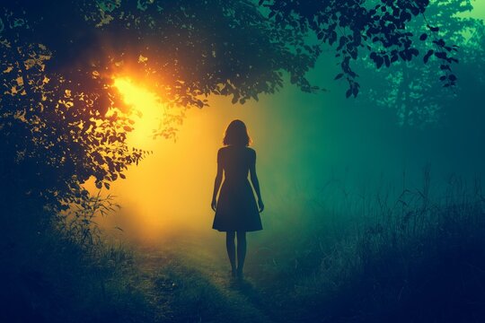 A woman stands in a forest path lit by mystical, vibrant light, representing a journey into the unknown and discovery.