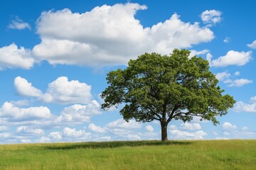 Obraz premium A majestic tree dominates the landscape under a vivid blue sky, representing resilience and growth.