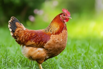 Fototapeta premium A proud hen stands on lush grass with a soft, blurred green background, showcasing its radiant feathers and curious gaze.