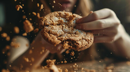 A person takes a big bite of a giant cookie, with crumbs everywhere, highlighting their inability to resist.