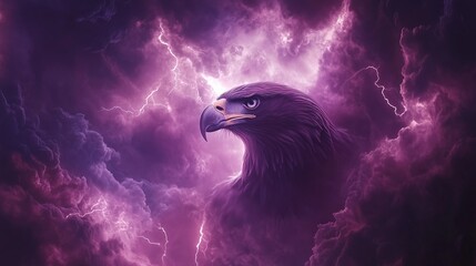 A powerful purple eagle amidst dramatic storm clouds, embodying strength and mystery.