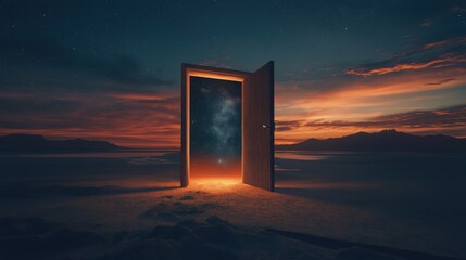 A wooden door standing open against a stunning sunset, revealing a starry galaxy beyond.