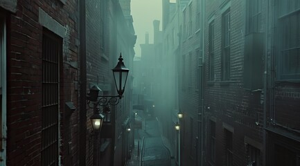 Misty, foggy alley in Old city, with brick buildings and victorian gas street lamps, horror movie. Historical streets. © MD Media