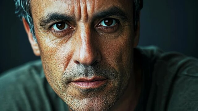 A man with graying hair stares intensely at the camera with a serious expression