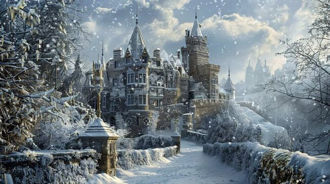 Snowy palace in winter landscape surrounded by bushes and covered with soft snow
Seamless looping 4k time-lapse virtual video animation Generated AI