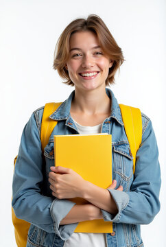 Mulher de cabelo curto estudante sorridente com livro amarelo 2