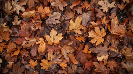 A carpet of fallen leaves in the autumn. The leaves are in various shades of brown, orange, and yellow. The background is a blur of brown leaves.