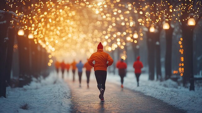Runners in a snowy park illuminated by Christmas lights.