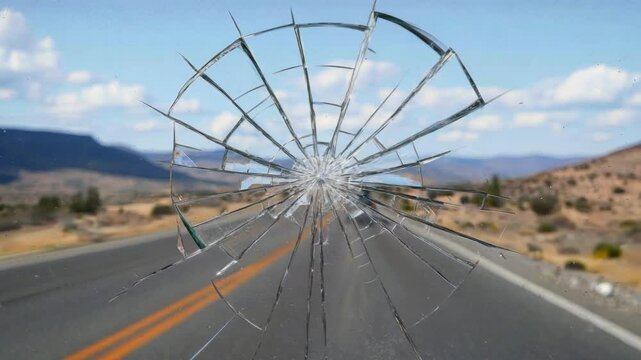 A cracked car windshield on a highway surrounded by mountains and blue sky in daylight