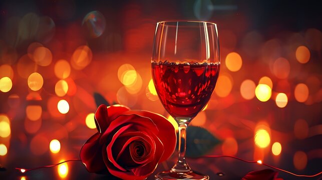 A beautiful red rose and a glass of red wine on a black table with a blurry background of red lights.