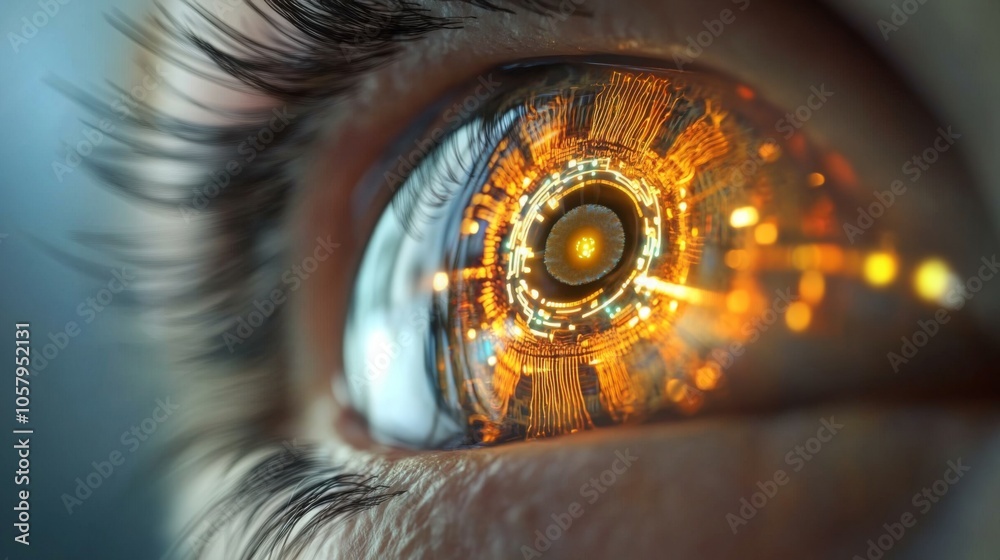 Poster a close-up image of a human eye with a bright, glowing, futuristic iris. the iris glows with a brigh