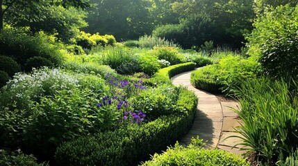 Obraz premium A vibrant garden brimming with numerous green flora stands alongside a lush green forest adorned with an array of stunning purple and white blossoms
