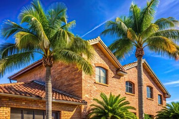 Fototapeta premium Macro brick house with palm trees and blue sky