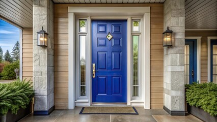 Macro door painted cobalt blue, contemporary porch with geometric patterns
