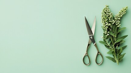  A scissor-pair sits atop table with green leaves and twig adjacent