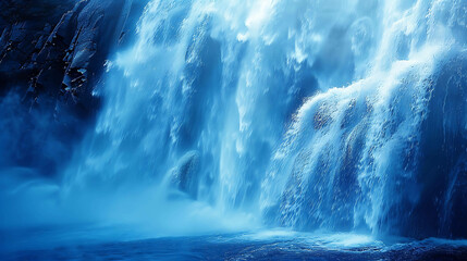 A beautiful waterfall in the middle of a forest. The water is crystal clear and blue. The waterfall is surrounded by green trees and rocks.