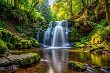 Macro landscape with a small waterfall in the forest