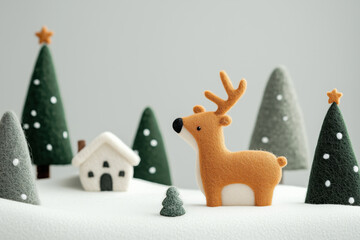 Paisagem natalina em miniatura com Papai Noel, renas e pinheiros cobertos de neve, estilo lúdico e colorido, criado por IA generativa.