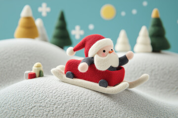 Paisagem natalina em miniatura com Papai Noel, renas e pinheiros cobertos de neve, estilo lúdico e colorido, criado por IA generativa.