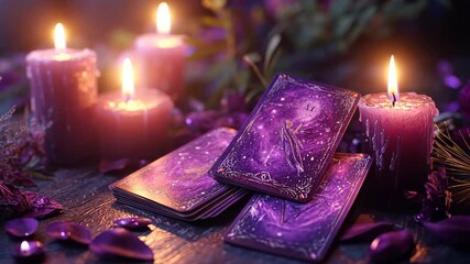 A tarot reading in a mystical setting with candles burning
