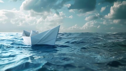 A small paper boat is floating on the vast ocean. The boat is white and has a simple design. The ocean is blue and has large waves.