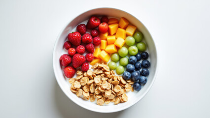 "Bowl of colorful fresh fruit and cereal on a white background."