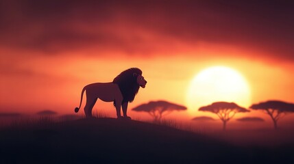 Fototapeta premium A majestic lion stands atop a hill during sunset, casting long shadows while surrounded by vibrant trees in the foreground