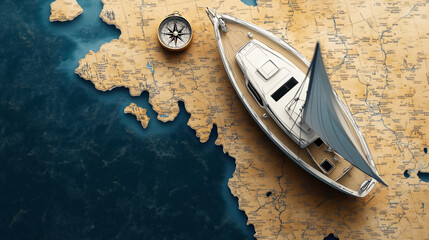Sailboat model and compass on a vintage nautical map with detailed coastlines and sea surroundings, representing maritime navigation and exploration themes.