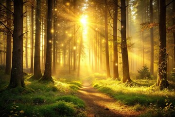 Fototapeta premium Magical forest landscape with golden sunlight shining Silhouette