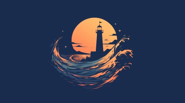  a lighthouse shining in a starry sky over a vast ocean, framed by a small circular patterned outline , reminiscent of the sea under moonlight. 