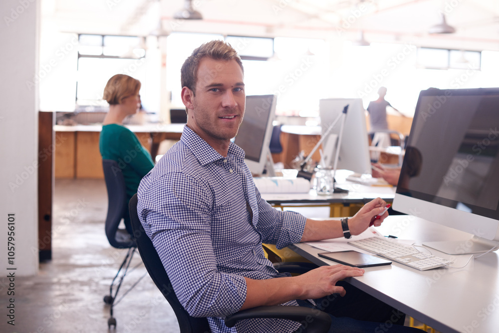 Aufkleber Man, computer screen and portrait in office for networking, about us or business website update. Software developer, confident or tech in digital agency for coding, problem solving or connectivity