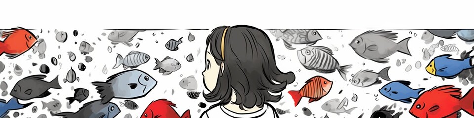 Young girl gazes at vibrant fish swimming in an aquarium display.