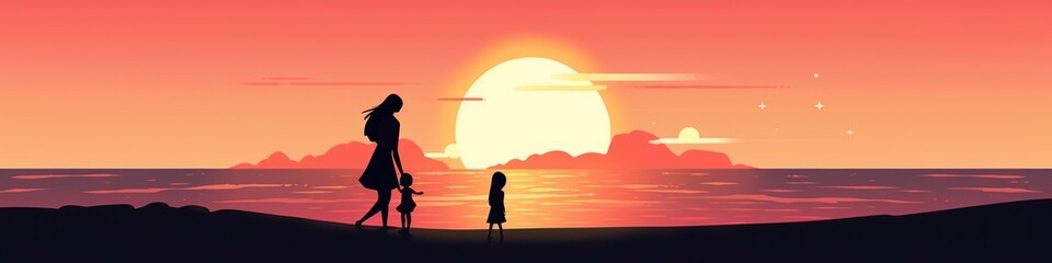 Fototapeta premium Silhouetted family walking along the beach at sunset, enjoying a serene moment together.