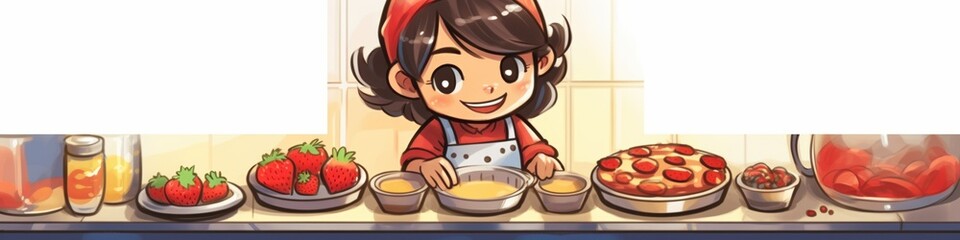 Cheerful girl baking pies at a kitchen counter, surrounded by fresh ingredients.