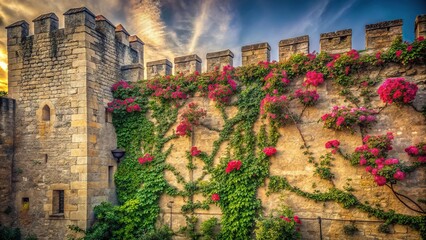Medieval textured castle wall covered in vines and flowers, close-up shot