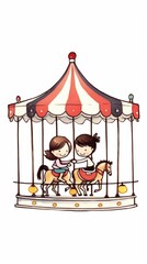 Fototapeta premium Whimsical illustration of children riding a carousel with colorful horses.
