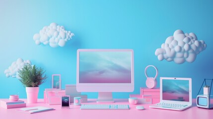 Stylish workspace with pastel colors and cloud decor