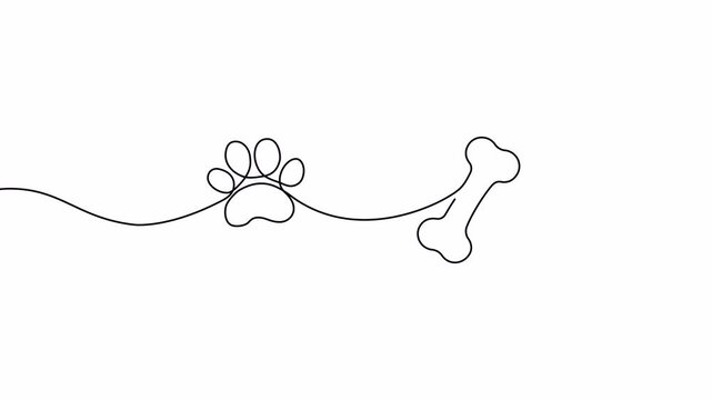 Video. Drawing of a dog's paw and bone with a continuous line. Paw print with bone with one editable line. Cute Print for design. Animation on white background 4K.