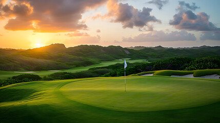 Obraz premium a picturesque golf course at sunset, featuring a smooth green putting surface with a flag gently waving in the breeze.