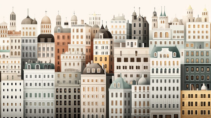 Illustration of a diverse cityscape showcasing various architectural styles and buildings with domes and spires under a clear sky background.