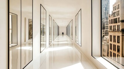 Modern Minimalistic Concrete Coworking Office room with Blank Walls, High Ceilings,and Mockup Frame
